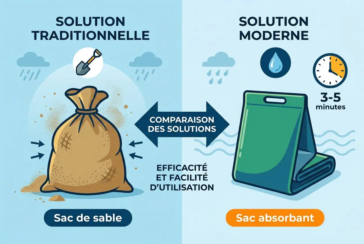 Comparaison: sac de sable traditionnel vs sac absorbant moderne qui gonfle rapidement pour bloquer l’eau, idéal et facile à utiliser.