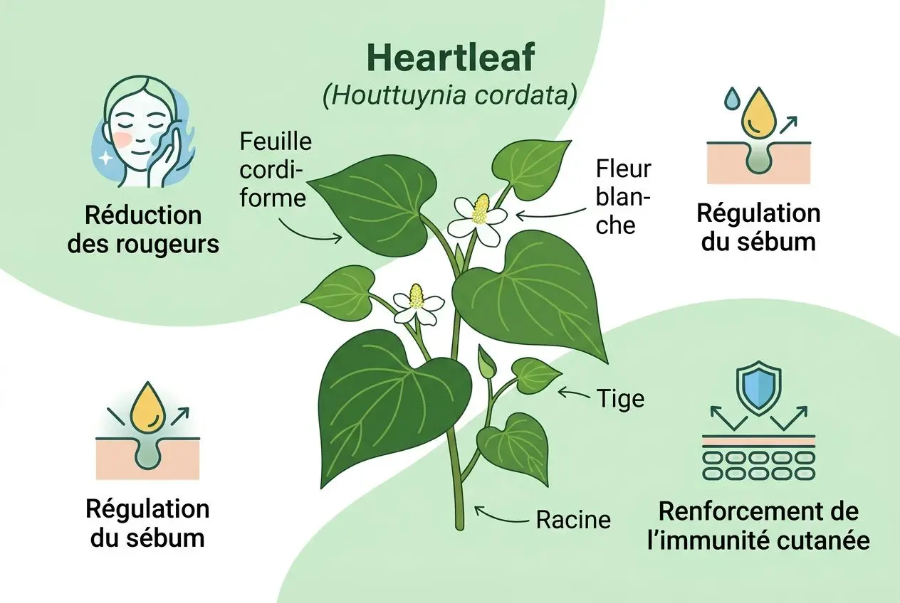 Heartleaf (Houttuynia cordata) illustré avec ses parties et les bénéfices: réduction des rougeurs, régulation du sébum, régénération, et renforcement de l’immunité cutanée, dans le cadre d’une routine beauté parfum et skincare.