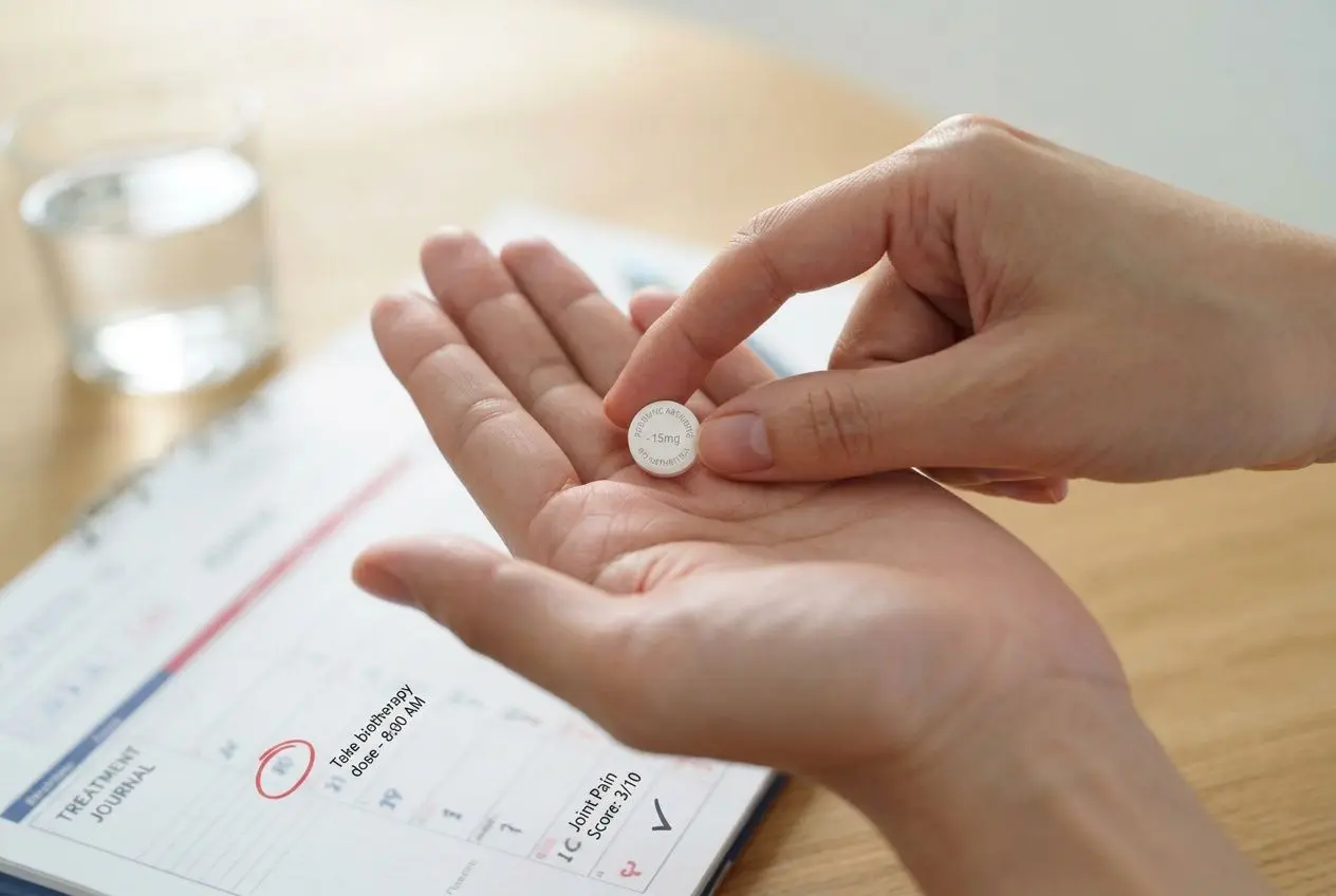 Pilule ou comprimé prêt à être pris, posé sur la paume d’une main, avec un document médical et un verre d’eau en arrière-plan. rhumatisme psoriasique injection est suggéré par le contexte médical.