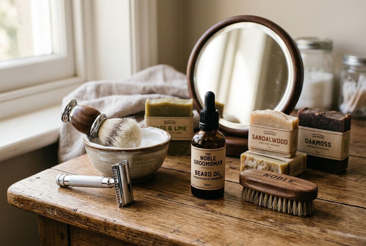 Pinceau, brosses et savons sur une table en bois près d’un miroir; flacon d’huile pour barbe et produits de grooming, prêt à être offert comme idée cadeau homme original.