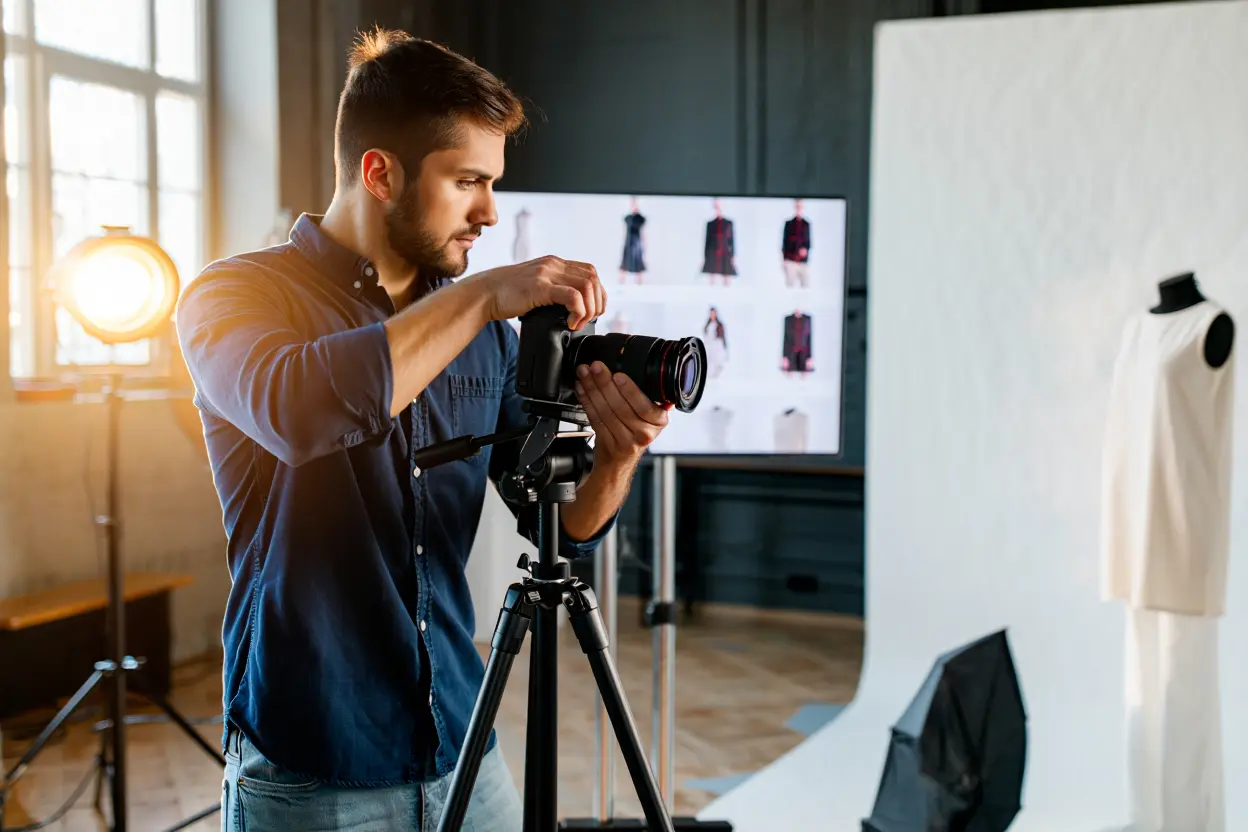 Photographe e-commerce préparant une session photo produit professionnelle en studio