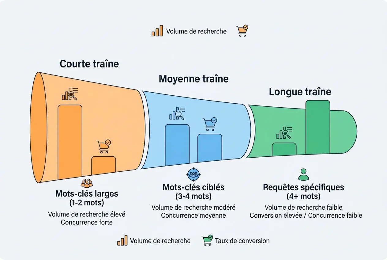 Schéma sur la « longue traîne SEO » illustrant trois segments (courte, moyenne et longue traîne) et leurs volumes de recherche ainsi que les mots-clés ciblés.