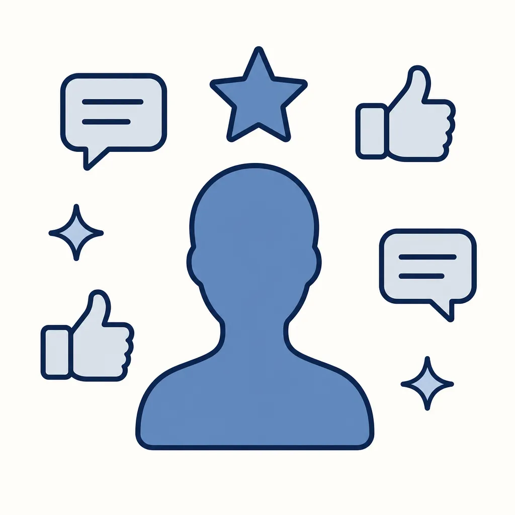 Flat illustration of online reputation: a person surrounded by review, star and thumbs-up icons.