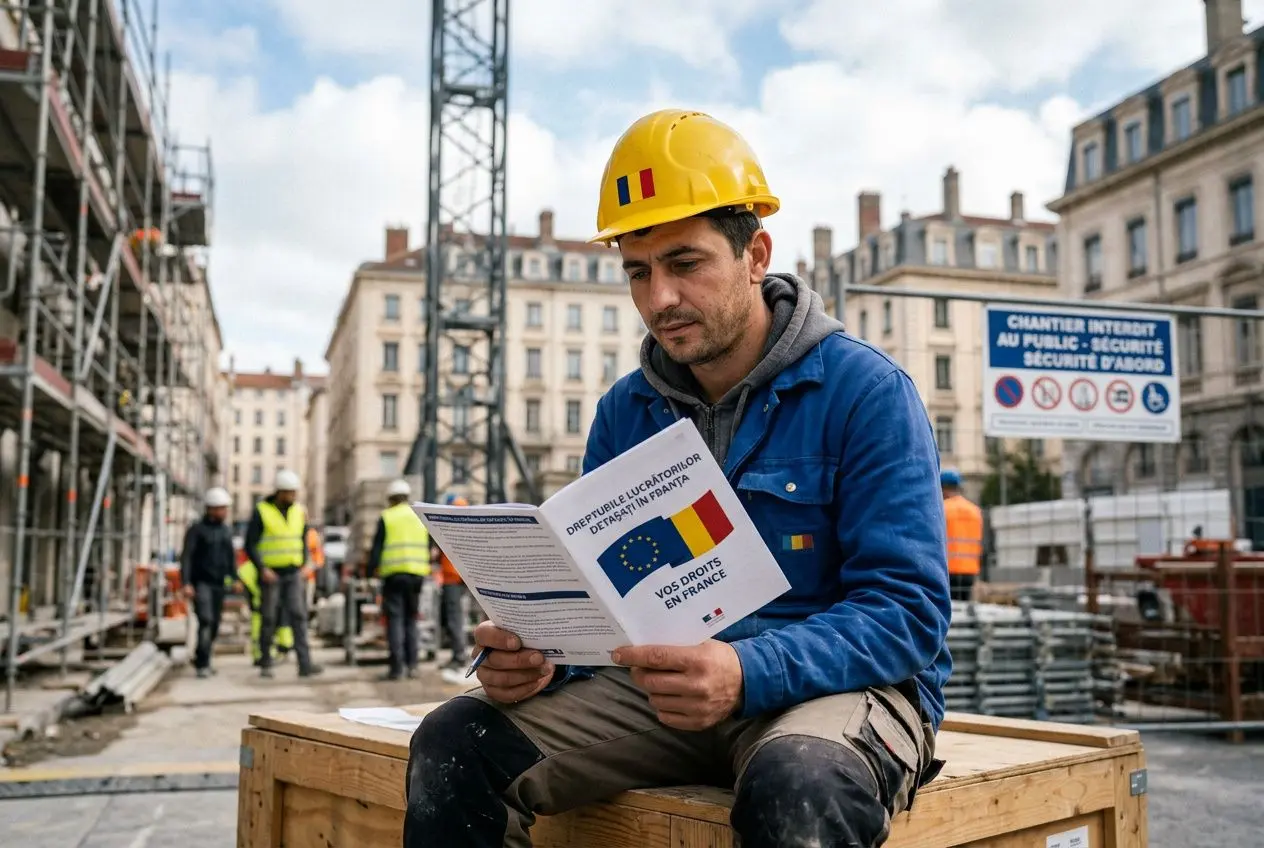 Travailleur détaché roumain en France lit un livret d’information sur les droits et obligations, sur un chantier de construction.