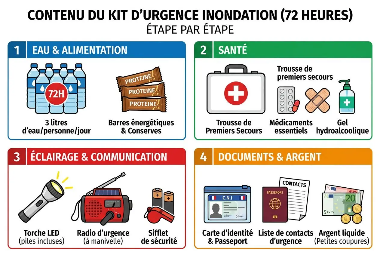 Contenu du kit d’urgence inondation (72 heures) étape par étape: eau & alimentation, santé, éclairage & communication, documents & argent. Propose des exemples: bouteilles, barres protéinées, trousse de soins, médicaments, gel hydroalcoolique, lampe torche, radio d’urgence, sifflet, carte d’identité, passeport, contacts, argent liquide. Intègre le mot-clé: comment se protéger d'une inondation.