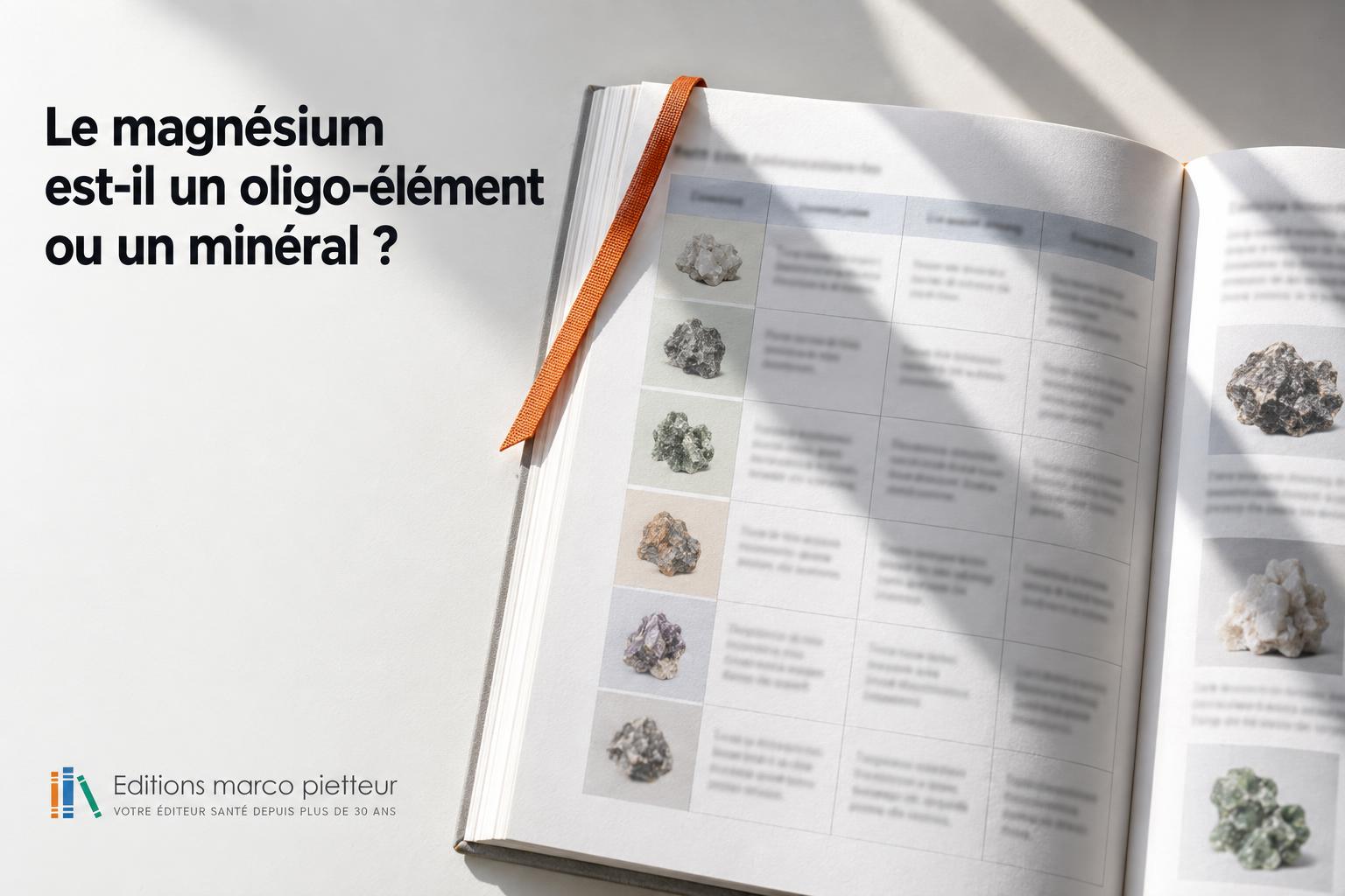Livre ouvert sur des fiches de minéraux, pour comprendre si le magnésium est un oligo-élément ou un minéral majeur