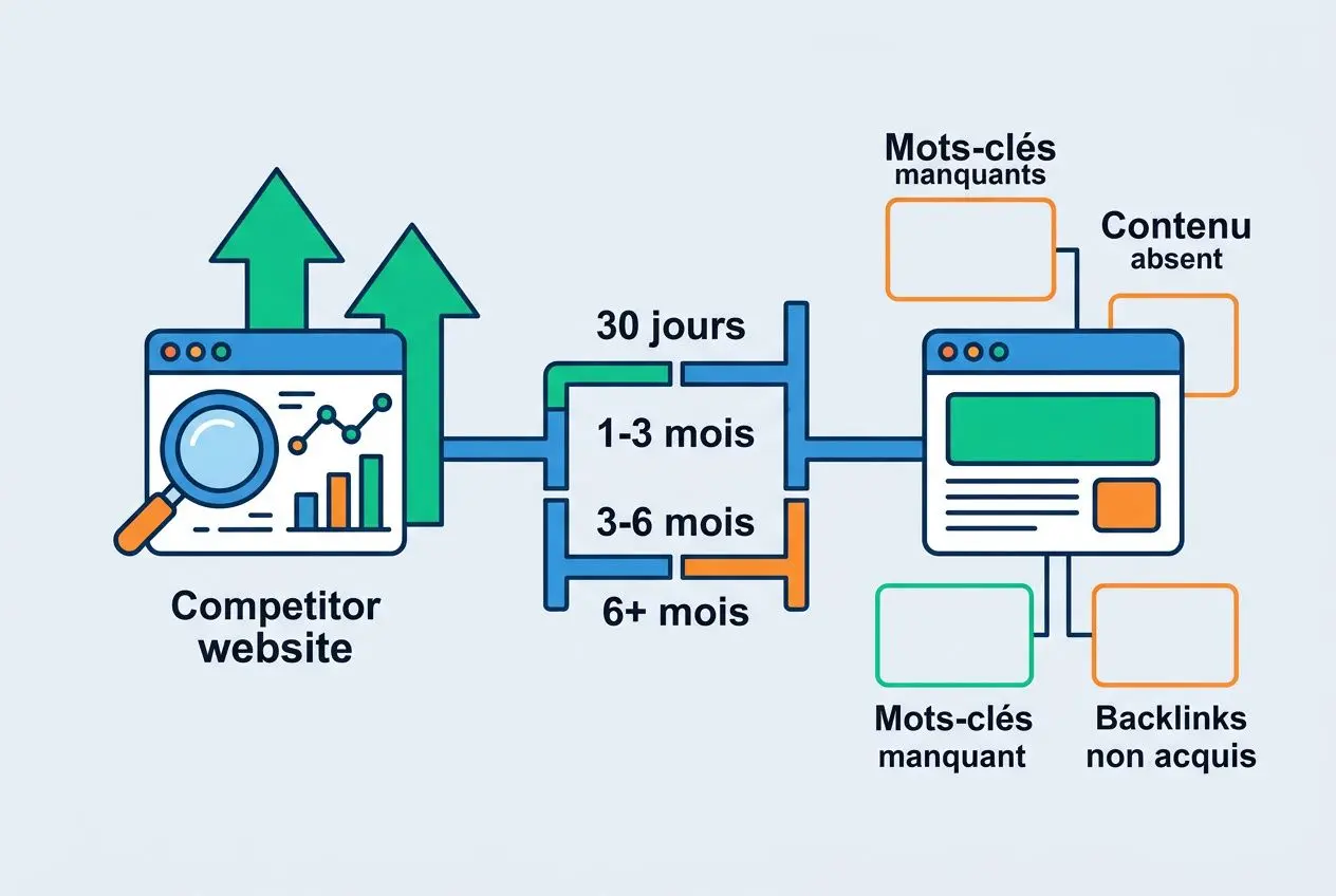 Audit seo concurrent : analyse concurrentielle montrant le parcours d’un site concurrent avec délais et résultats, mots-clés manquants et backlinks non acquis.