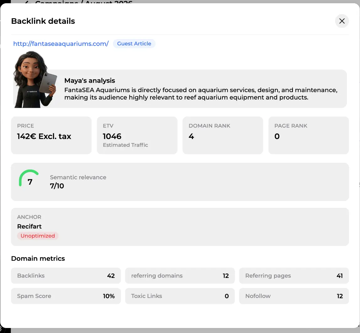 Backlink details popup with Maya's analysis, price, ETV, domain rank, semantic relevance, anchor flag and domain metrics