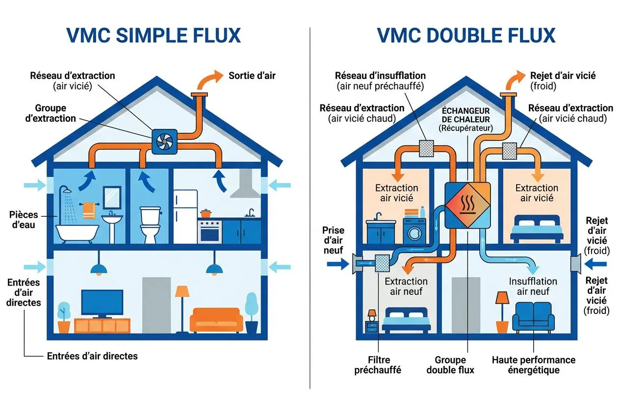 Schéma comparatif VMC simple flux et VMC double flux montrant les circuits d’extraction, les entrées d’air et les volumes intérieurs du logement. altération des flux et composants clés. Incorporation des normes installation vmc et différence entre simple et double flux.