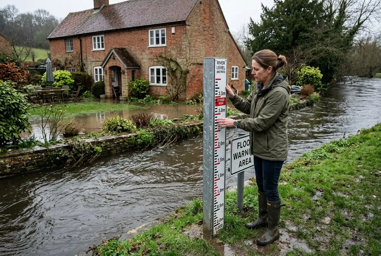 Homme ou femme mesurant le niveau d’eau près d’une rivière entourée de maisons, indiquant une zone inondable et les risques. intégration: comment se protéger d'une inondation.