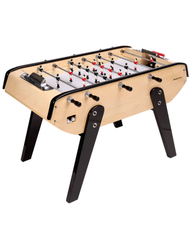 Baby-foot standard bois clair et joueurs rouges et noirs, équipé de poignées et d’un couvercle, idéal pour loisir ou compétition de salon.