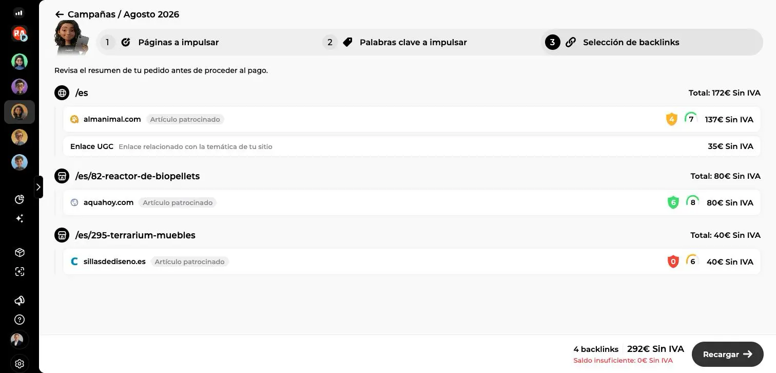 Resumen antes del pago: cuatro backlinks detallados por página objetivo con su precio, total 4 backlinks 292 € Sin IVA y botón Recargar