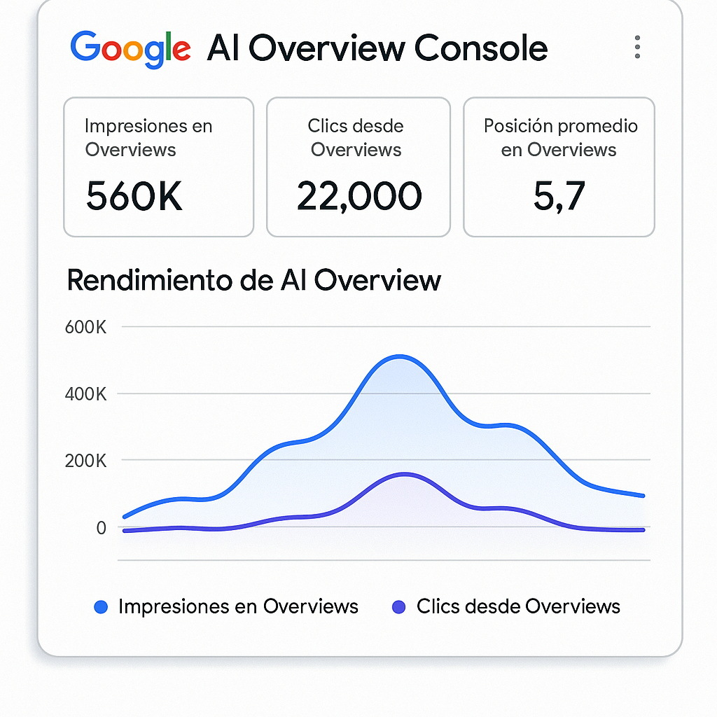Captura de pantalla de una interfaz de usuario inspirada en Google Search Console, mostrando métricas de rendimiento para AI Overviews. Fondo blanco, estilo motion design.
