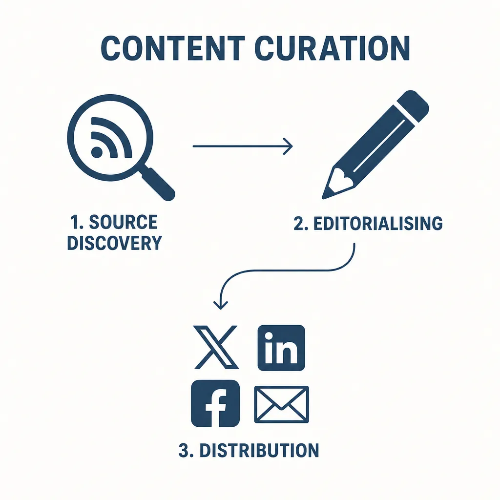 Diagram showing the three phases of content curation: source discovery, editorialising and distribution.