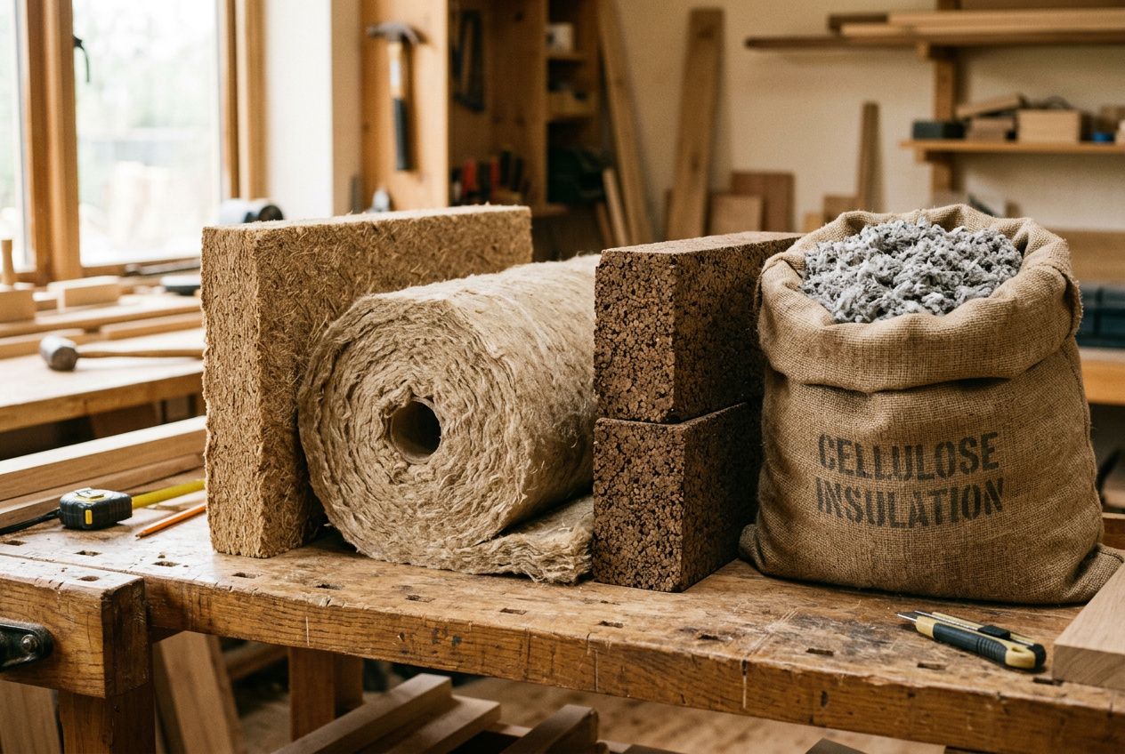 Rouleau d’isolant en fibre et blocs de bois, sacs de liège et ouate, matériel d’isolation toiture écologique dans un atelier.