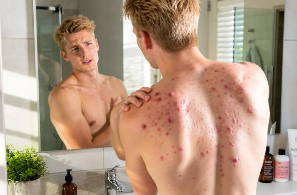 Homme nu devant miroir, visage pensif, montrant son dos avec de l'acné et des boutons rouges, dans une salle de bain moderne. Éléments de coiffure et produits de soin visibles.