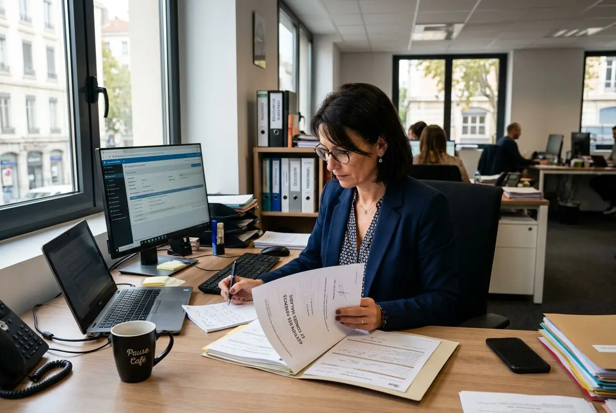 Consultante en enquêtes sur arrêt maladie, examinant des documents et remplissant des rapports dans un bureau professionnel. Détective privé pour prouver un arrêt maladie abusif.