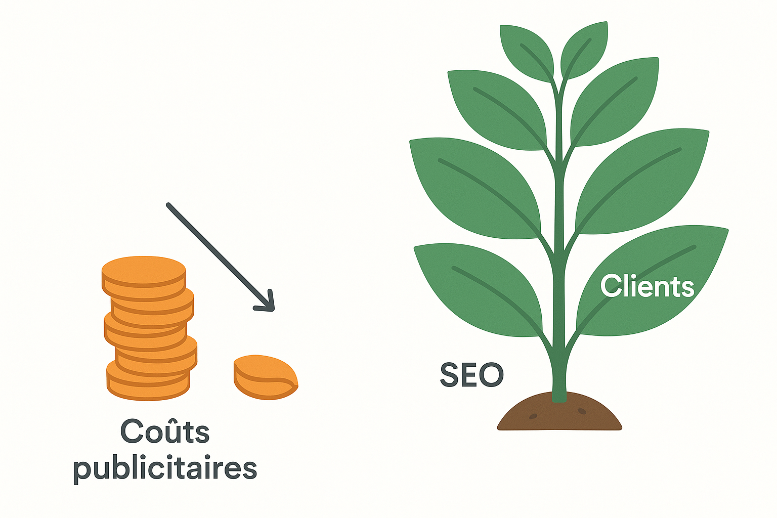 Schéma illustrant comment l'investissement SEO réduit le coût d'acquisition client comparé aux coûts publicitaires.