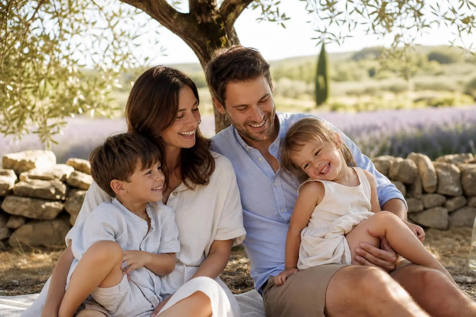 Famille souriante en extérieur, mère et père entourent deux enfants sous un arbre, ambiance lumière naturelle en Provence. photographe portrait vaucluse.