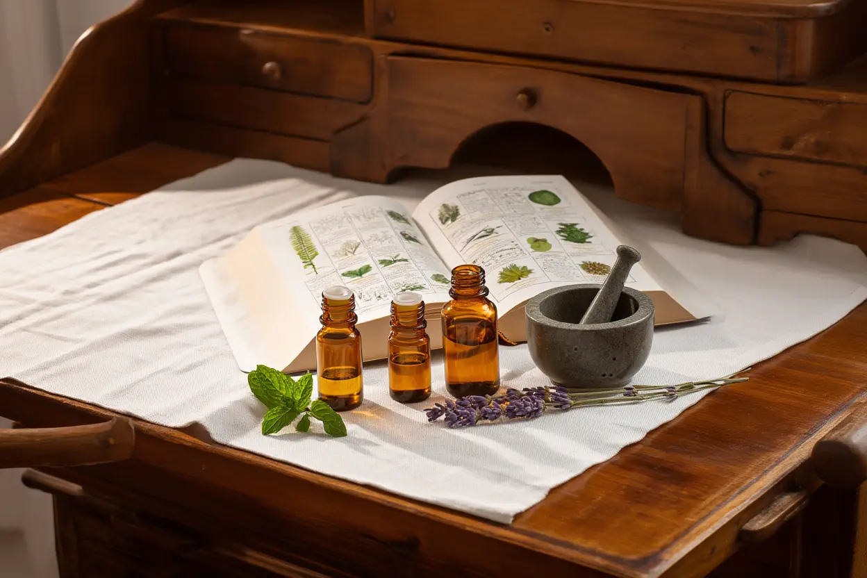 Différence entre phytothérapie et herboristerie : flacons, mortier et livre d’herbes sur table, ambiance cabinet ancien.