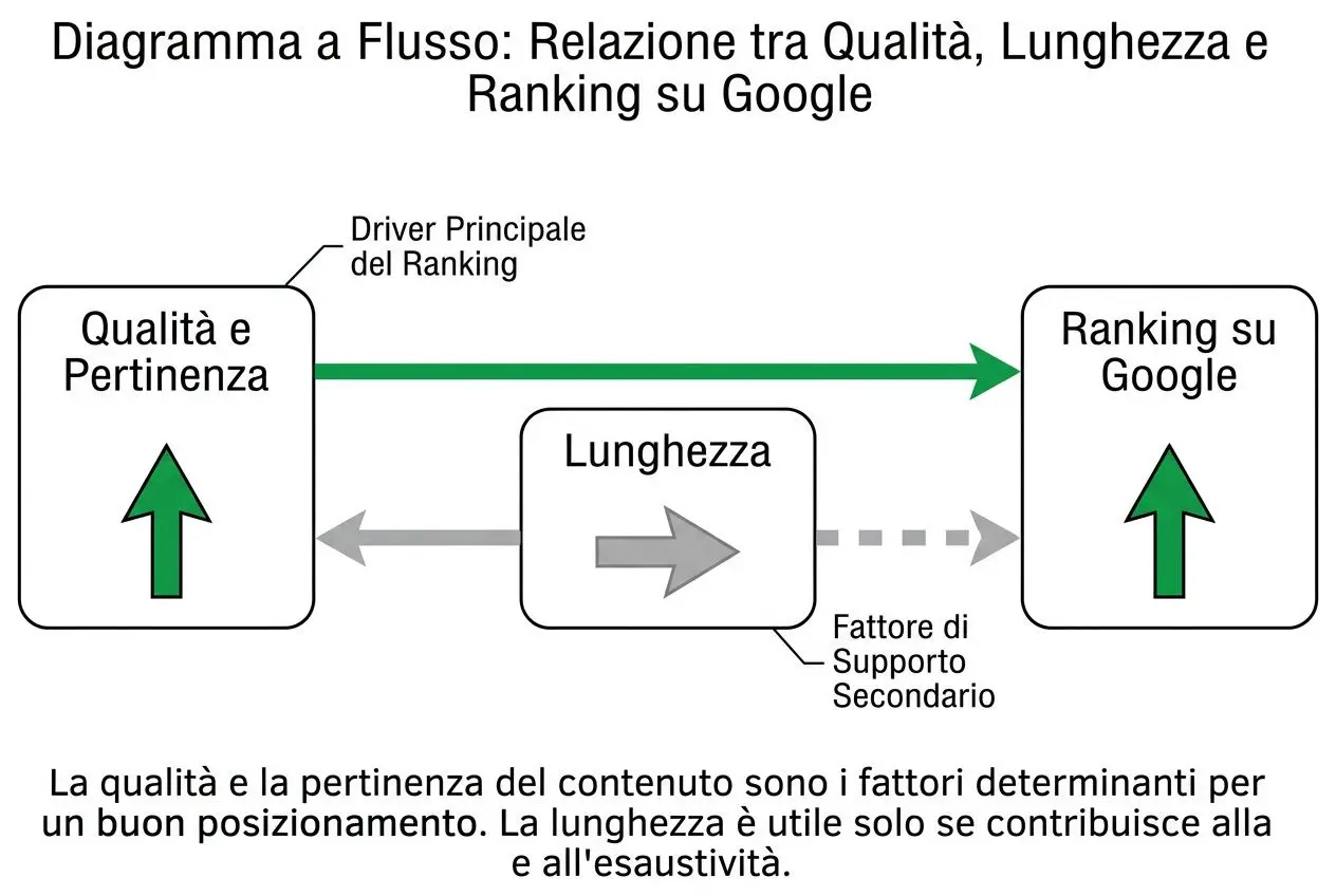 Diagramma a flusso che mostra come qualità, lunghezza e ranking Google si influenzino a vicenda. Lunghezza al centro con frecce: influenza su ranking, supporto secondario.