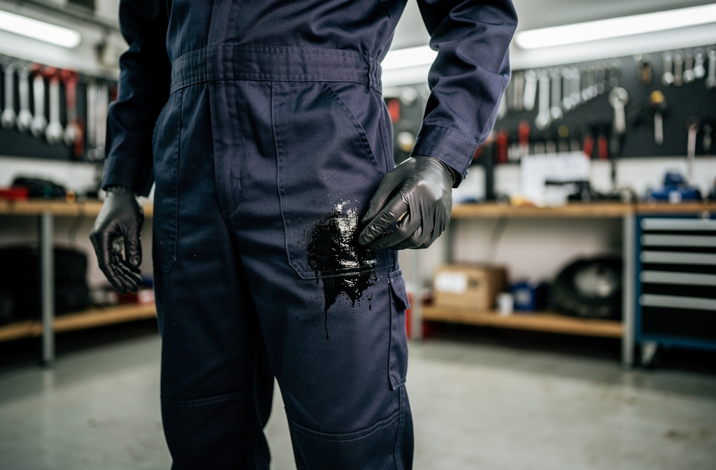 Mécanicien inspectant une tache de graisse sur son pantalon