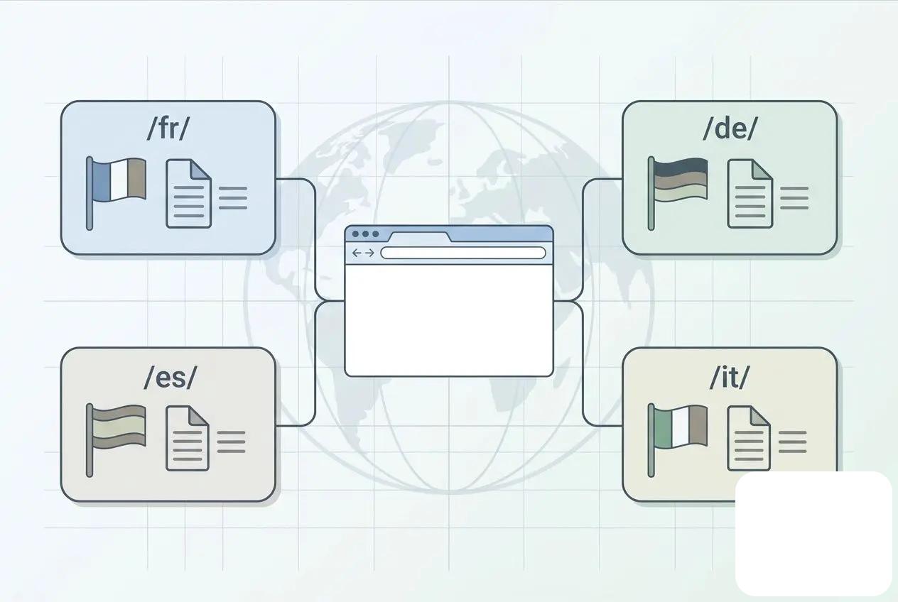 Diagramme montrant des onglets de drapeaux et documents liés à des langues (fr, de, es, it) autour d’un navigateur, représentant le suivi positionnement international multi-pays.