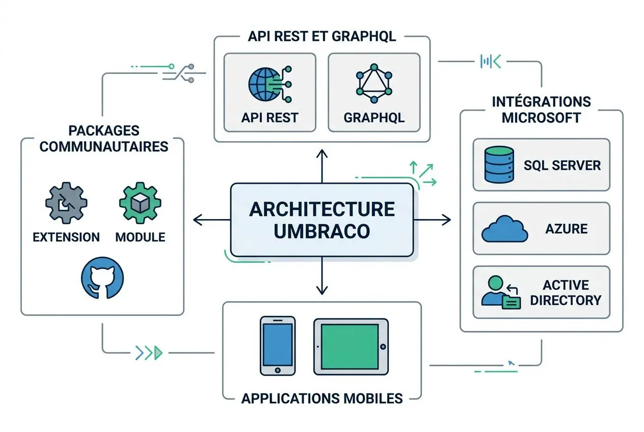 Schéma architecture Umbraco montrant l’architecture CMS avec API REST et GraphQL, intégrations Microsoft (SQL Server, Azure, Active Directory), et modules pour applications mobiles, packages communautaires (extensions, modules) et GitHub. Qu'est-ce que le cms umbraco.