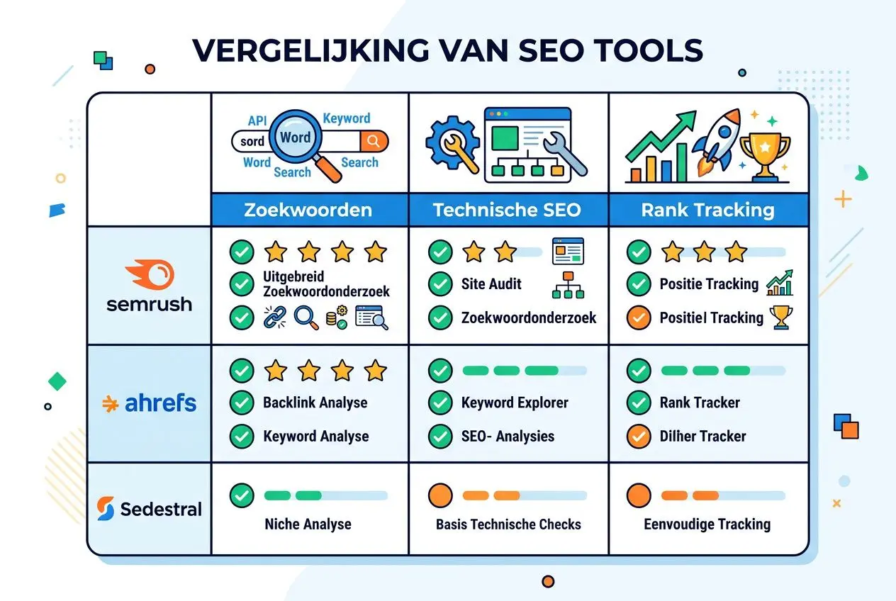 Vergelijking van SEO-tools: overzicht van Zoekwoorden, Technische SEO en Rank Tracking met Semrush, Ahrefs en Seydostal in een grid. Integratie van seo automatiseren tools waar passend.