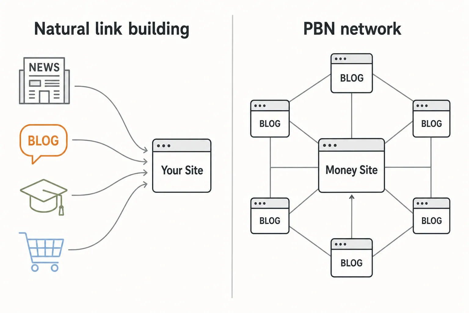 Diagram comparing natural link building from diverse sources with a PBN, where a network of artificial sites all point to a single money site.