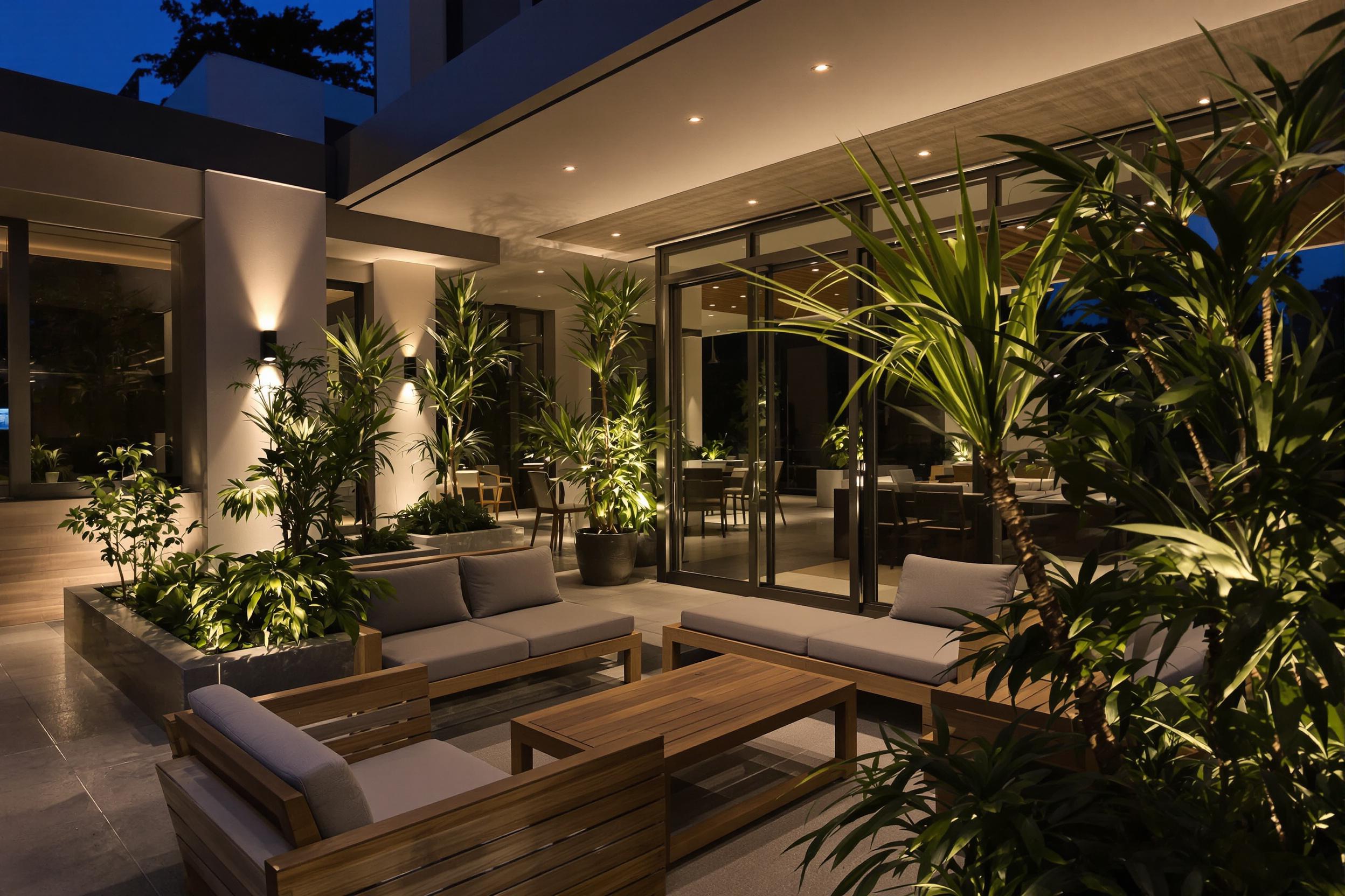 modern outdoor lounge with indirect lighting