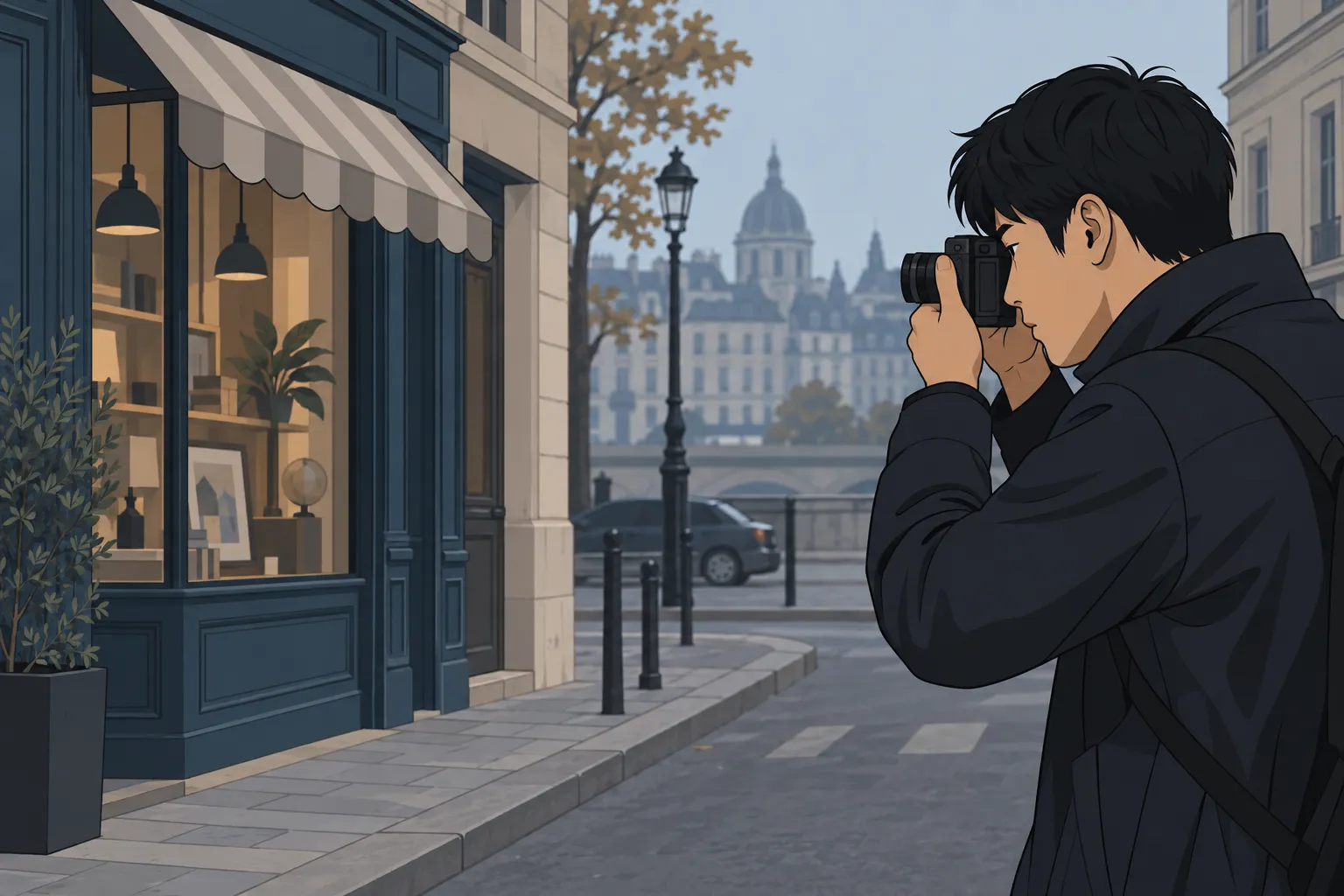 Un homme en manteau prend une photo avec un appareil photo dans une rue urbaine.