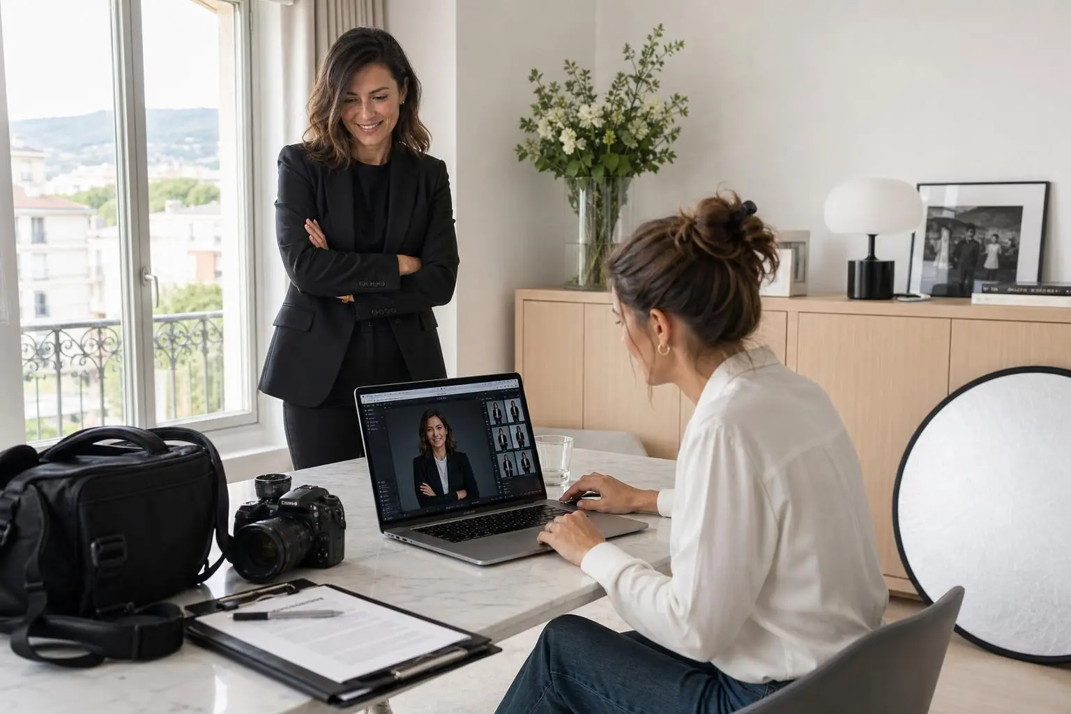 Deux professionnelles en intérieur: une femme en blazer discute pendant qu’une autre travaille sur un laptop montrant une photo corporate, ambiance bureau.