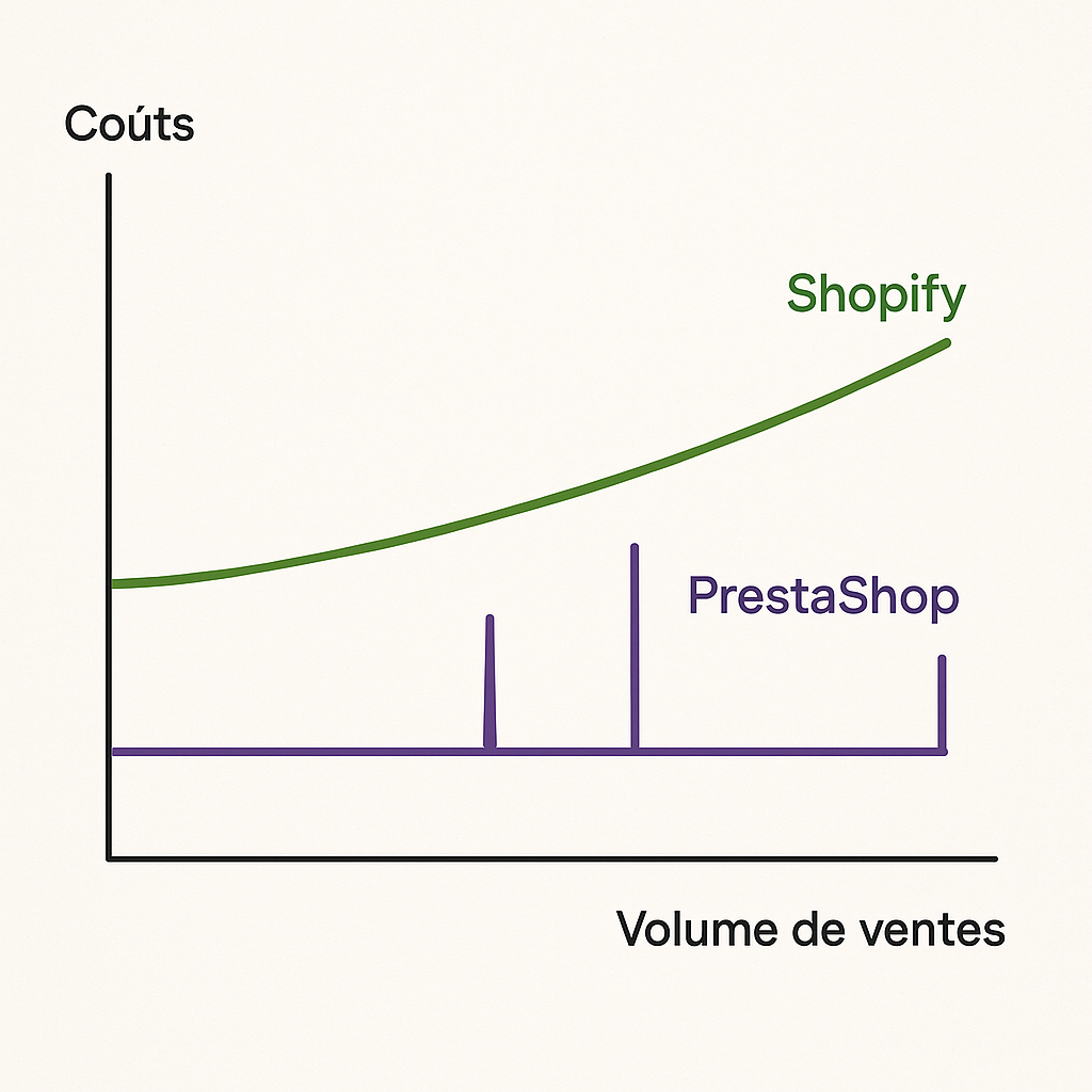 Graphique comparant le modèle économique de Shopify (coûts prévisibles avec abonnement) et PrestaShop (coûts variables sans commission).