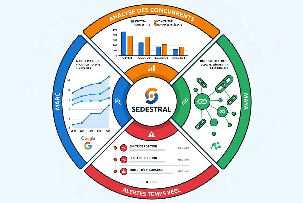 Diagramme circulaire d’analyse SEO par Sedestral, montrant des segments info: analyse des concurrents, backlinks, positions Google, alertes temps réel et mesures MA/Marc. géré son seo avec l'ia.