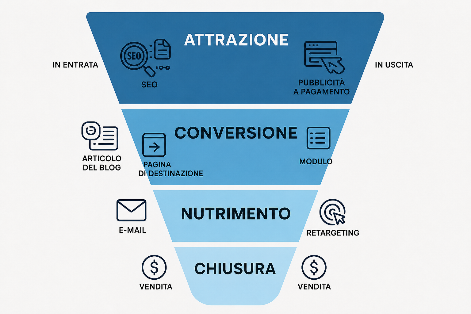 Funnel di conversione a quattro livelli con due flussi di contatti, inbound e outbound, che confluiscono in ogni fase del percorso d'acquisto.