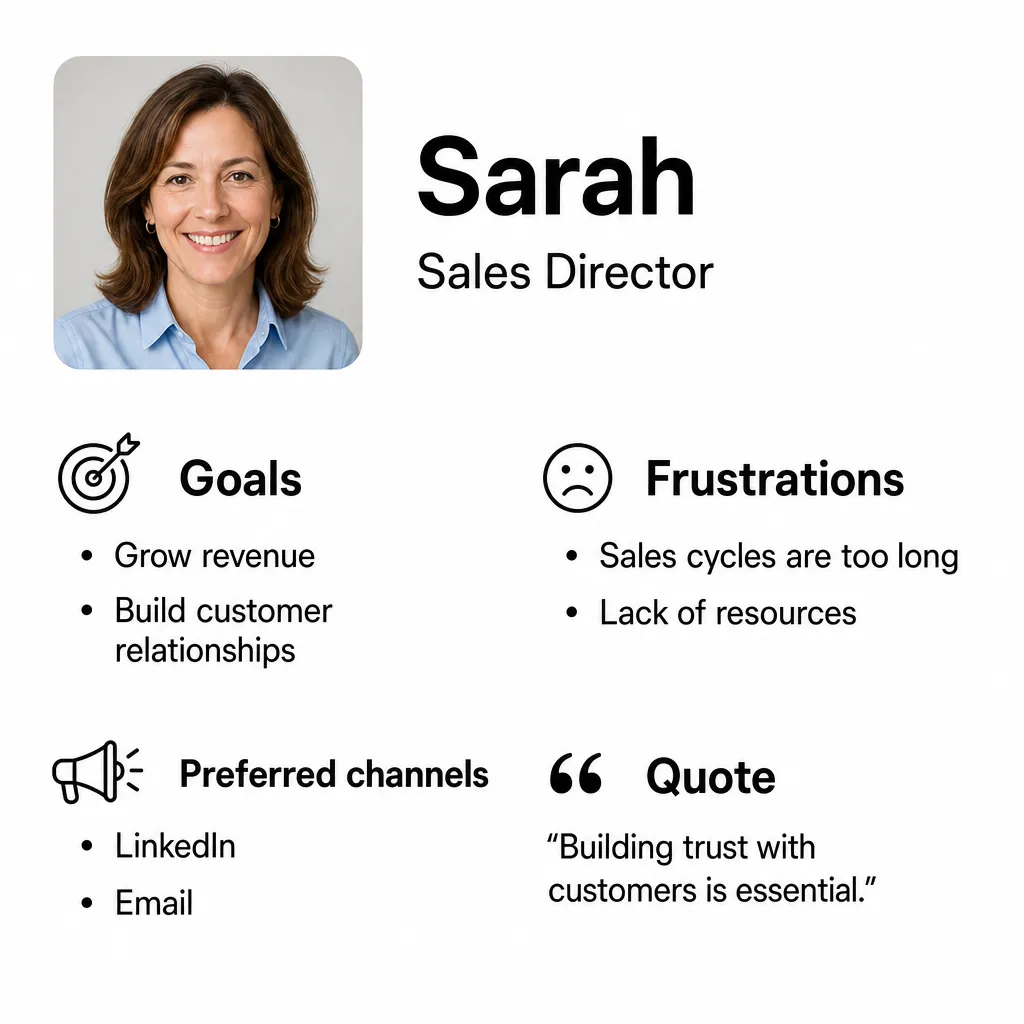 Example marketing persona card for a sales director, with her photo, professional goals, frustrations and favourite communication channels.
