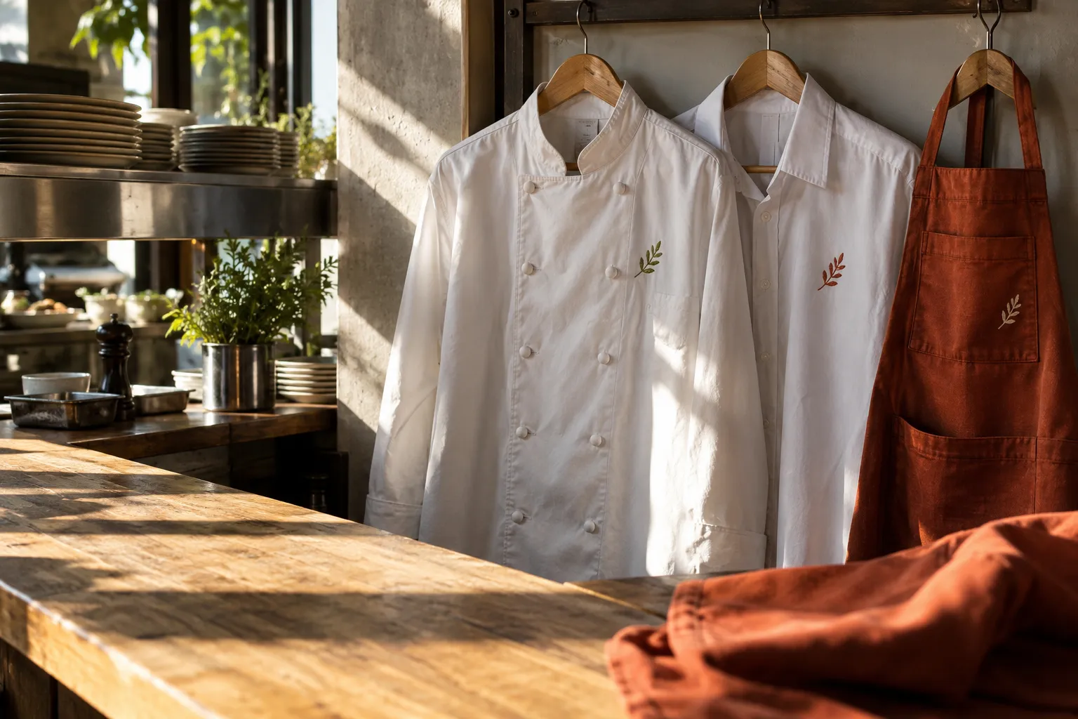 Trois vestes et chemises blanches pendues sur un portant près d’un comptoir en bois, avec un tablier brun à proximité.