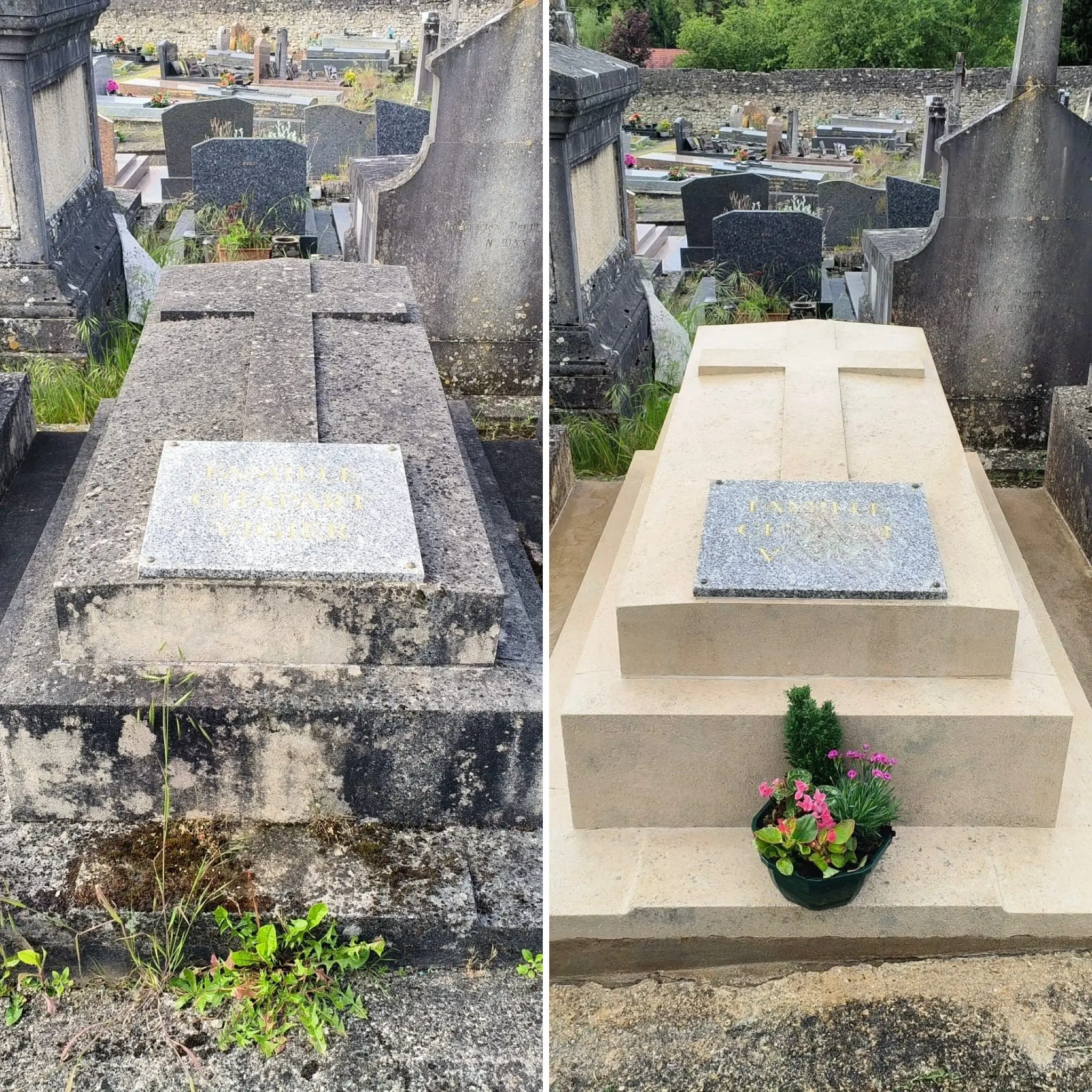 Deux tombes côte à côte dans un cimetière: à gauche, pierre tombale sombre vieillie avec mousse; à droite, refonte en pierre Deux tombes côte à côte dans un cimetière: à gauche, pierre tombale sombre vieillie avec mousse; à droite, refonte en pierre