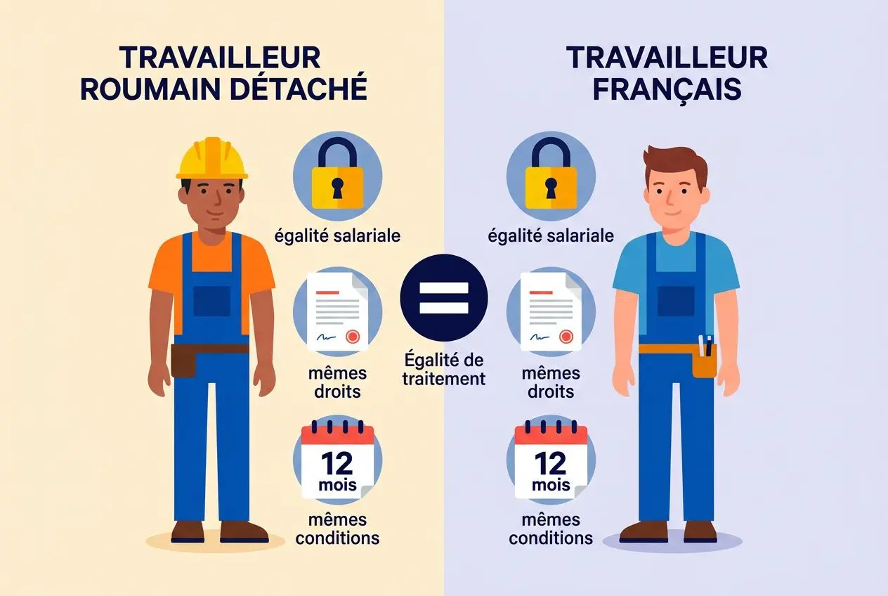 Travailleur détaché roumain et travailleur français côte à côte, illustration montrant égalité salariale et de traitement, mêmes droits et mêmes conditions.