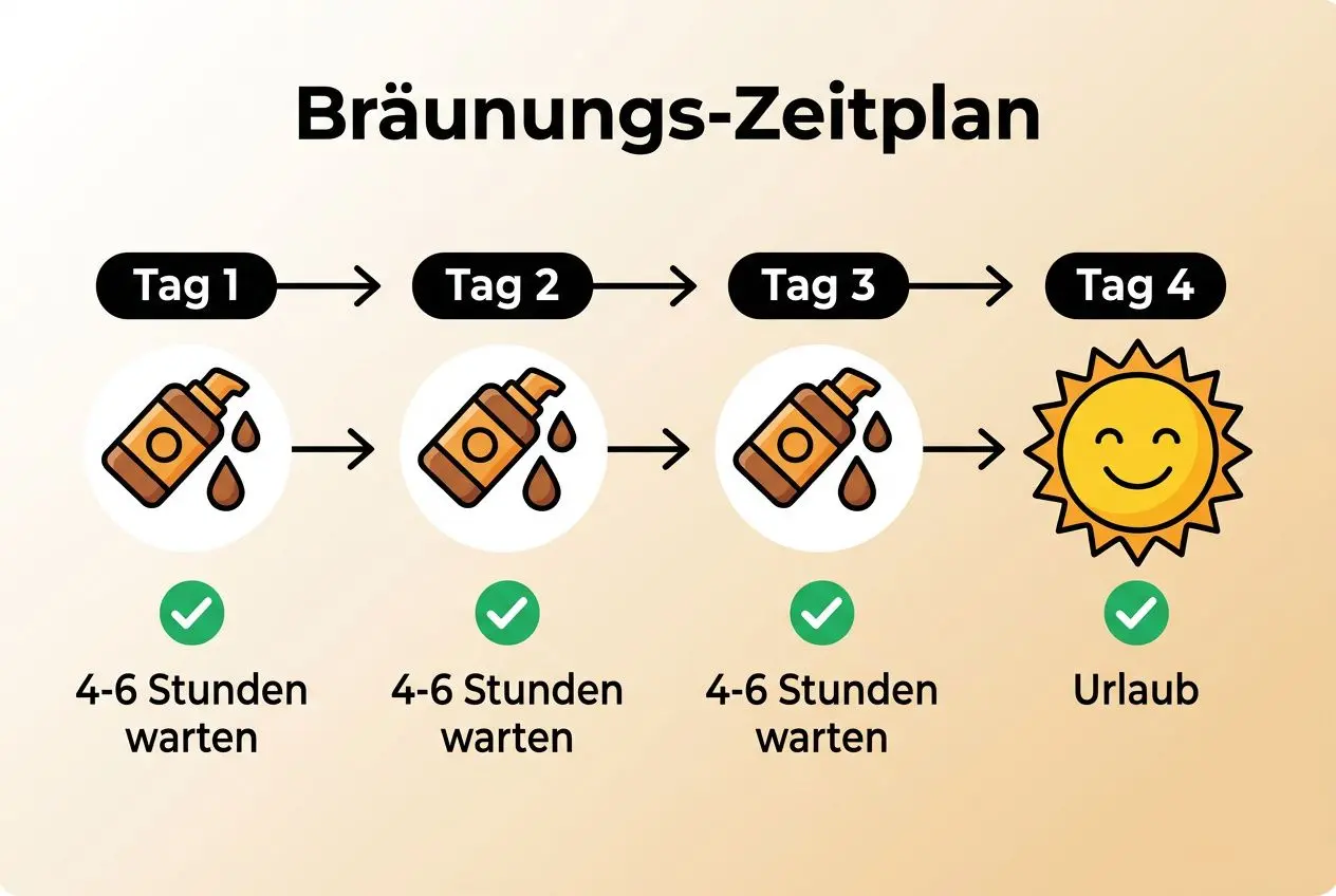 Bräunungs-Zeitplan: vier Tage mit Selbstbräuner-Icons, jeweils 4–6 Stunden Wartezeit, Endziel Urlaub an Tag 4.