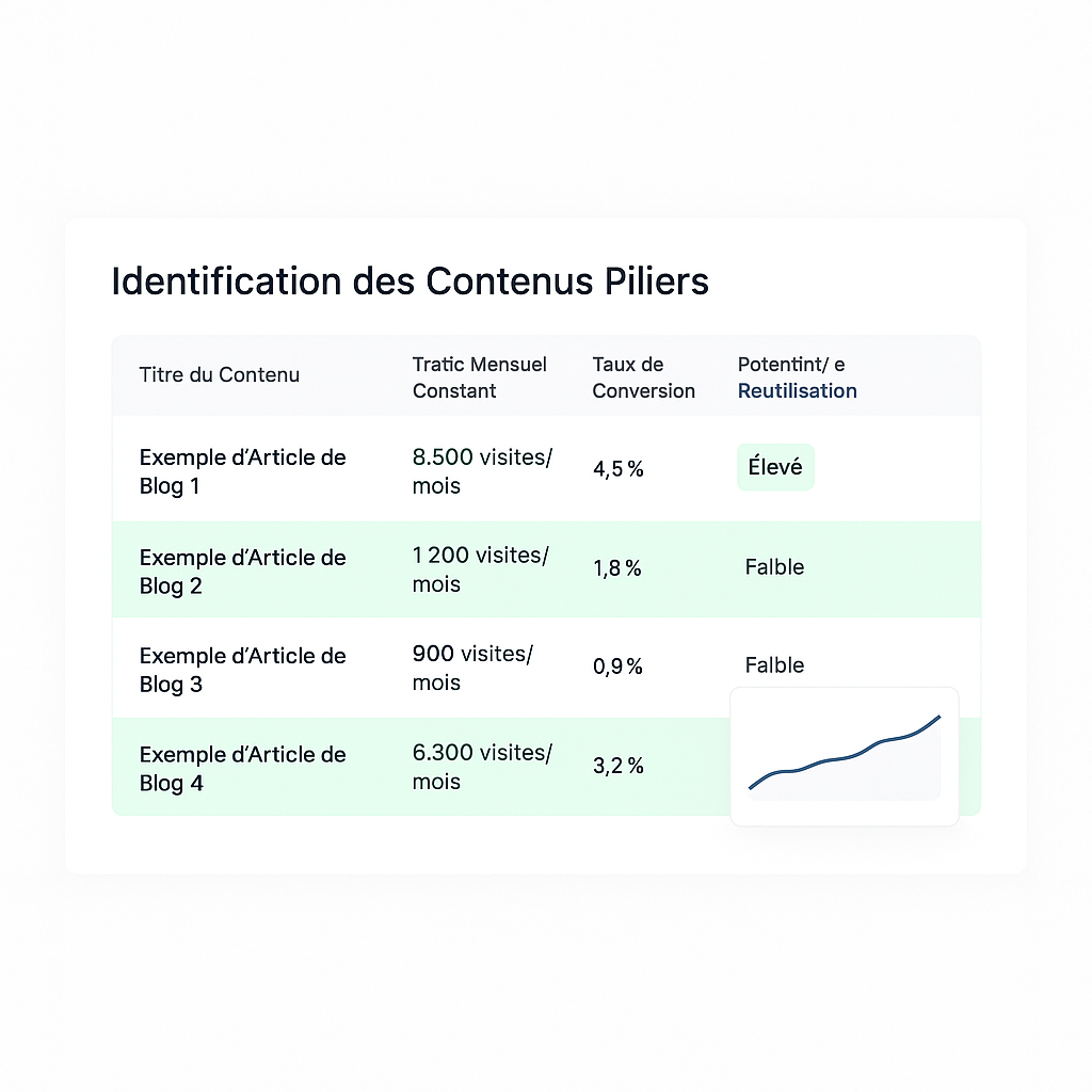 Interface d'un outil d'analyse montrant comment identifier les contenus piliers d'un site web en se basant sur le trafic, les conversions et le potentiel de réutilisation.