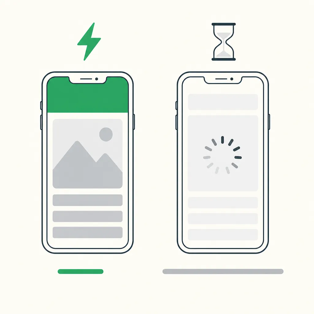 Illustration comparant deux smartphones : à gauche une page chargée signalée par un éclair, à droite une page encore en cours de chargement.