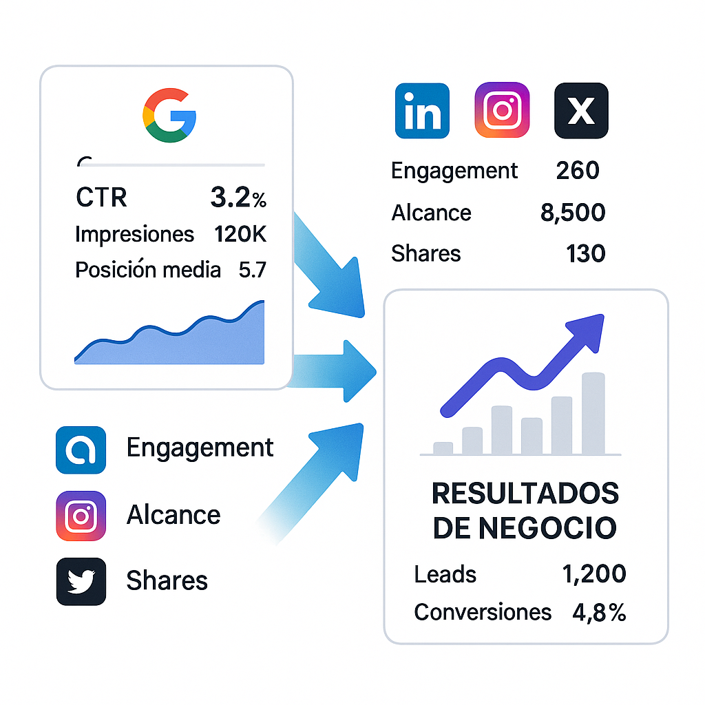 Dashboard que integra datos de SEO, como impresiones y CTR de Google Search Console, con métricas de redes sociales como el engagement, para analizar el impacto global en los resultados del negocio.