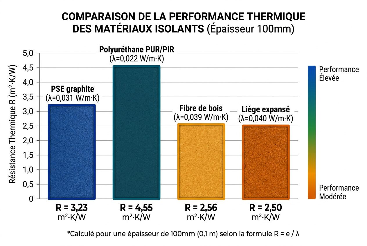 Comparaison de la performance thermique des matériaux isolants; isolant mince haute performance PSE graphite, PUR/PIR, fibre de bois et liège expansé, barres colorées indiquant résistance thermique (R) et étiquette R=3,23 à 4,55 m²·K/W.