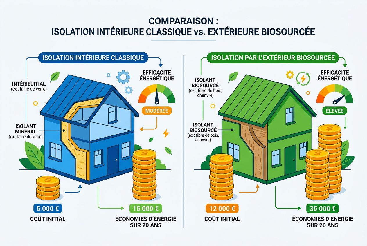 Comparaison d’isolation: ancienne isolation intérieure classique vs isolation par l’extérieur biosourcée avec matériaux naturels.