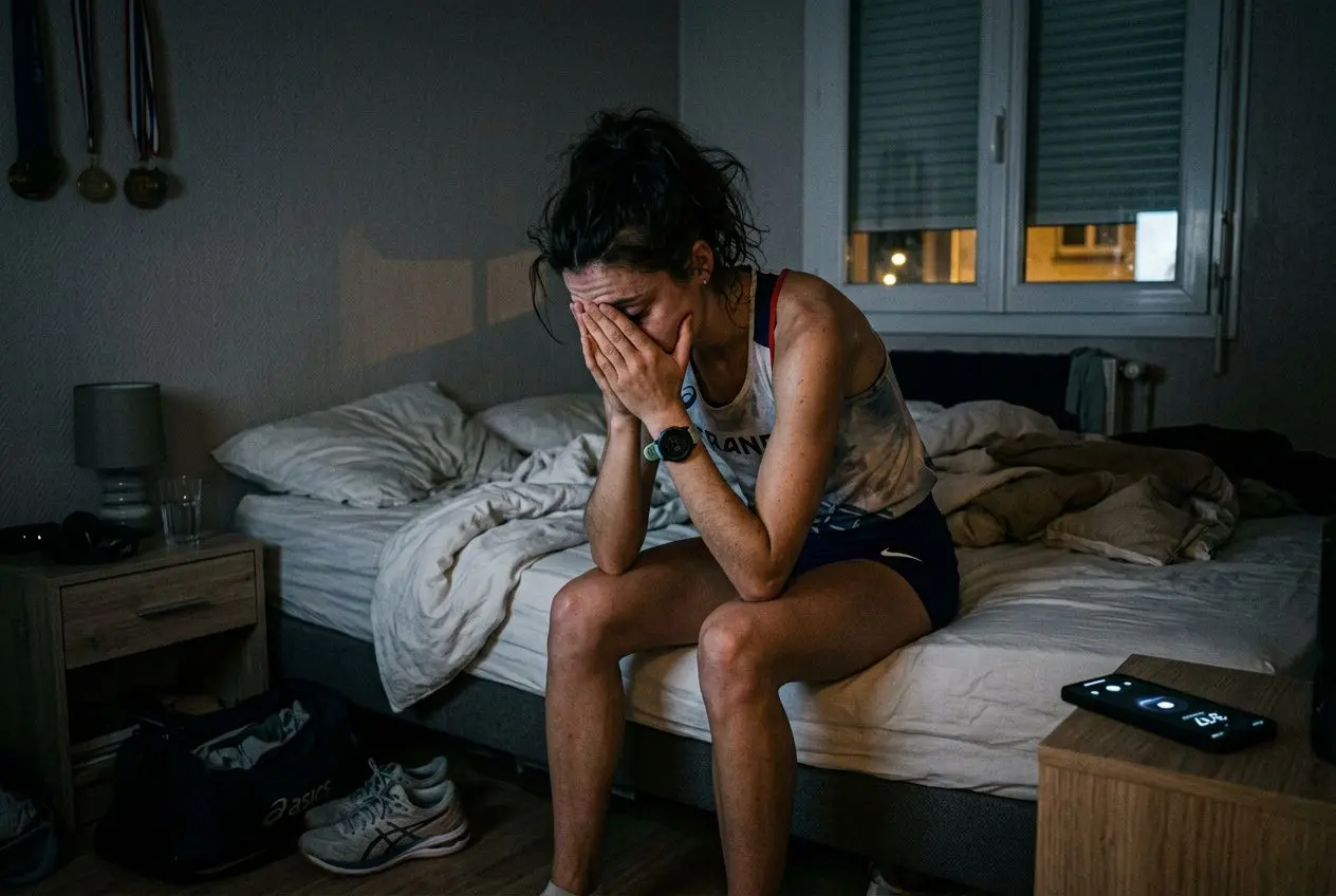 Joueuse d’athlète assise sur le lit, tête basse et mains sur le visage, exprimant fatigue et stress nocturnes après l’entraînement. Gérer l’insomnie chez un athlète.