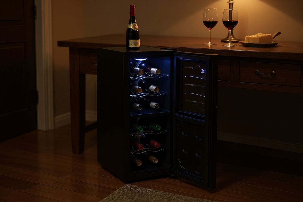 Cave à vin compacte noire sous un buffet, porte entrouverte et réglée à 12°C pour le service.