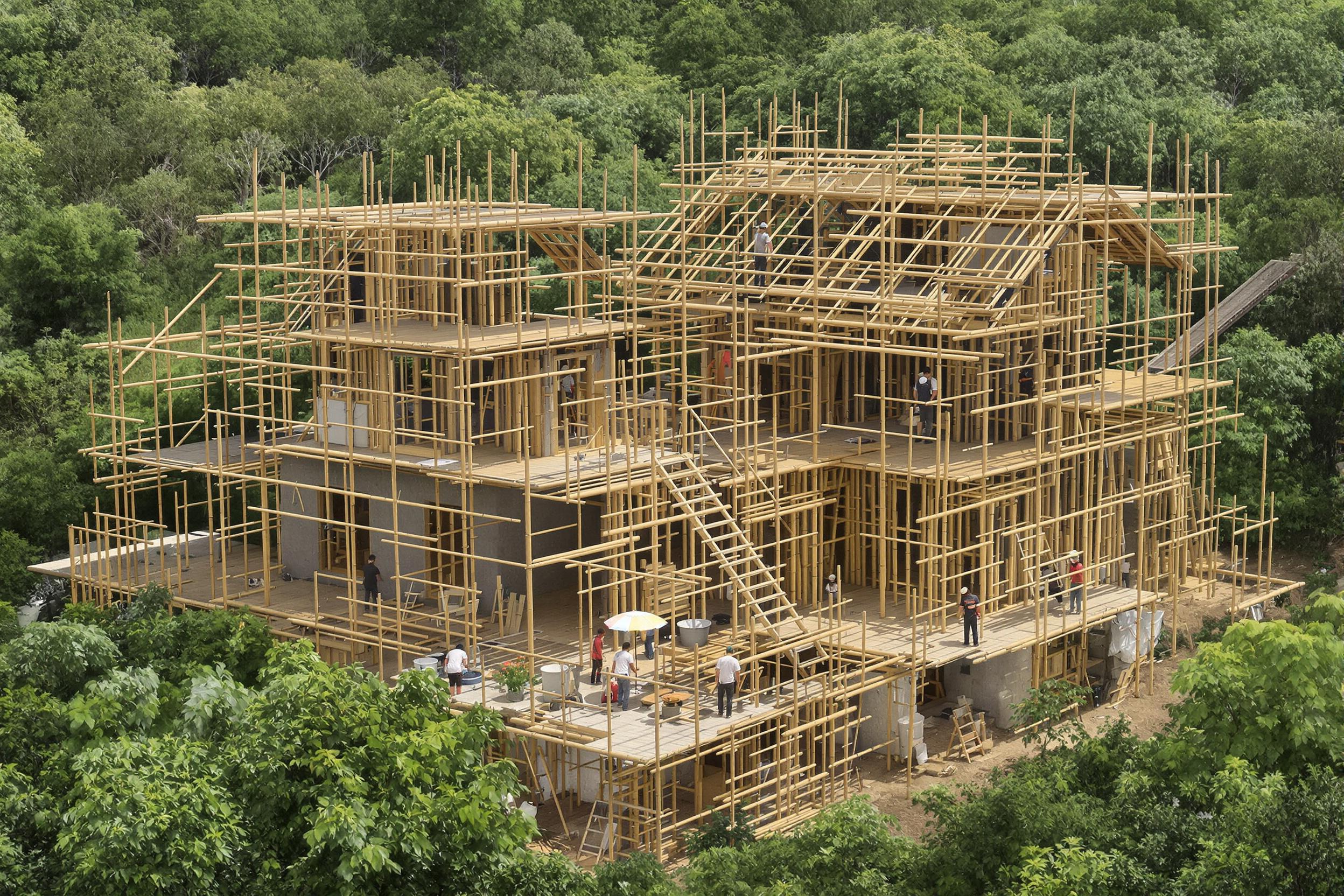 site de construction durable avec échafaudage en bambou