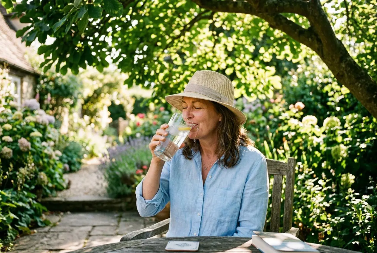 Femme âgée prenant un verre d’eau en extérieur, sous un parasol, pour se rafraîchir et apprendre comment se protéger de la canicule.